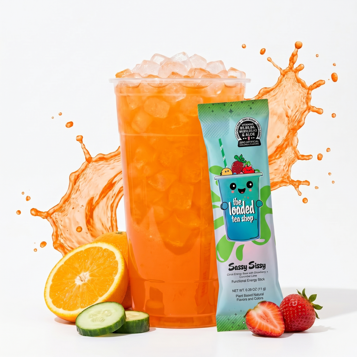 Sassy Sissy singles from The Loaded Tea Shop, colorful beverage in a clear glass with a straw and garnishes.