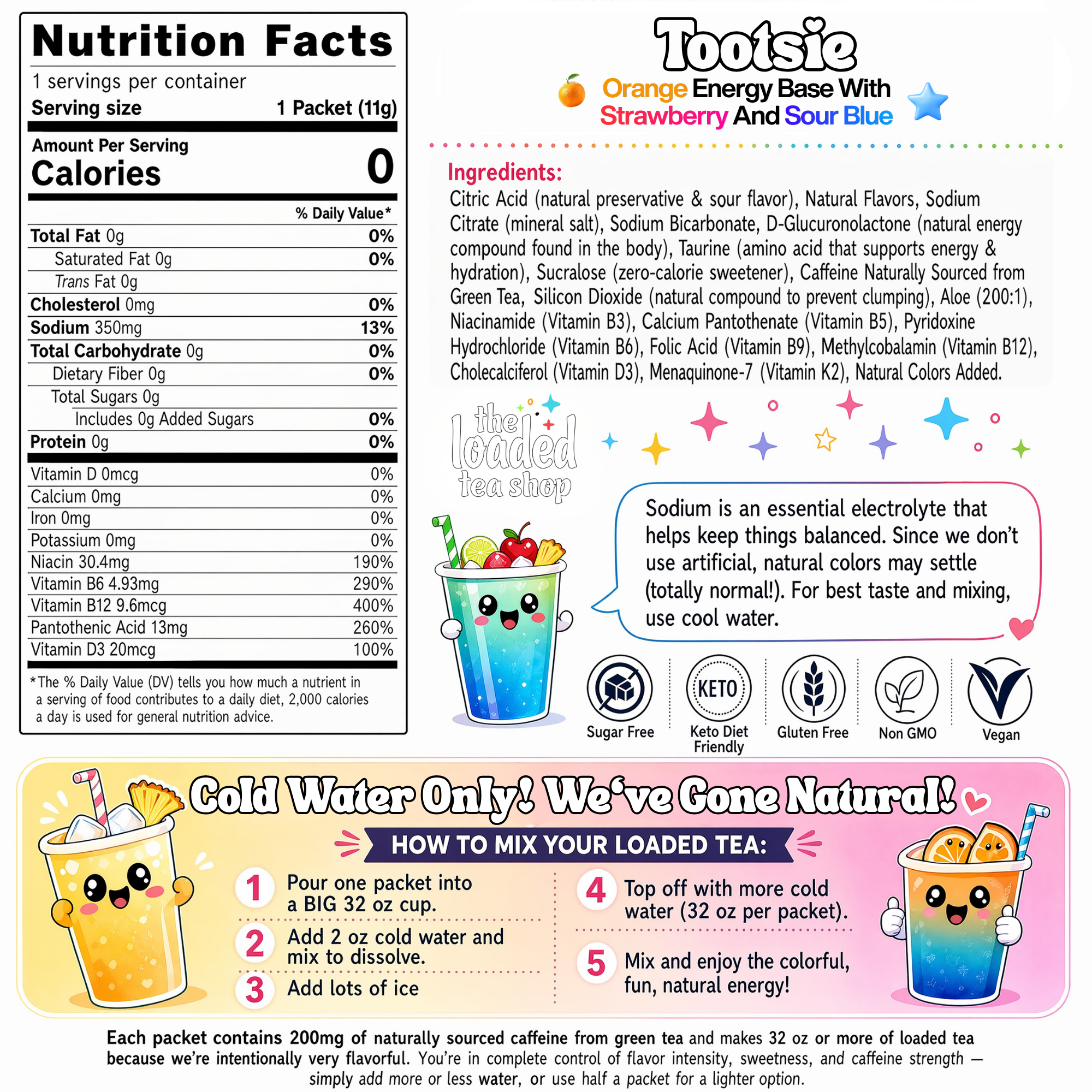 Tootsie singles from The Loaded Tea Shop, colorful flavored tea sachets displayed in a clear container.