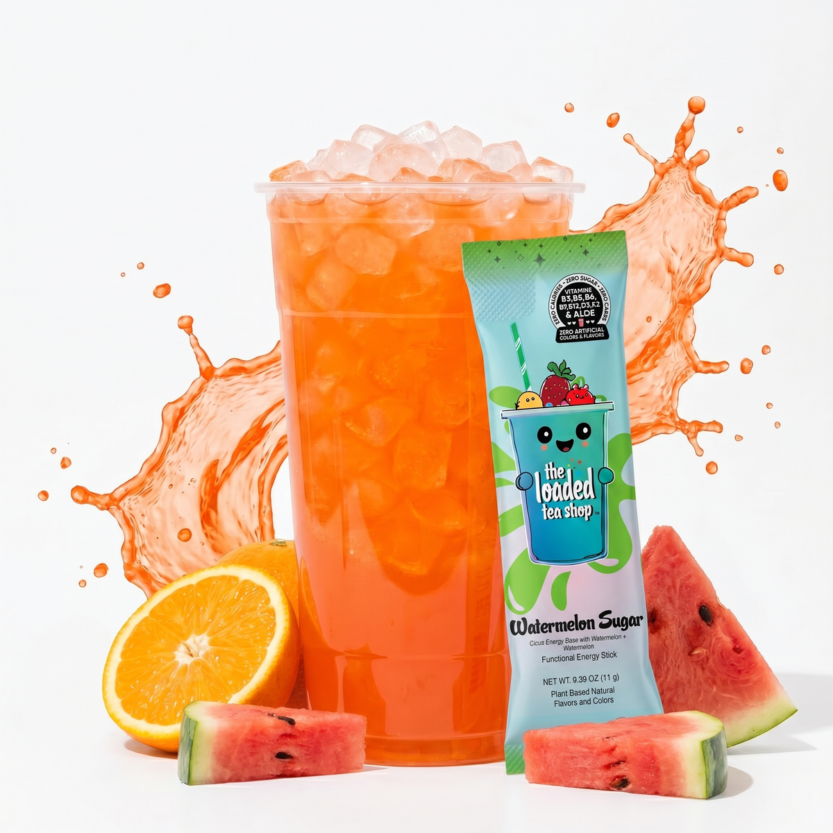 Singles Watermelon Sugar drink from The Loaded Tea Shop with vibrant watermelon flavor and colorful packaging.