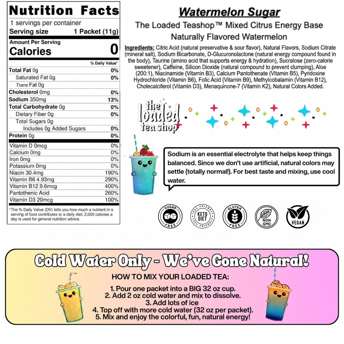 Single Watermelon Sugar drink from The Loaded Tea Shop featuring a vibrant pink beverage in a clear cup with a straw.