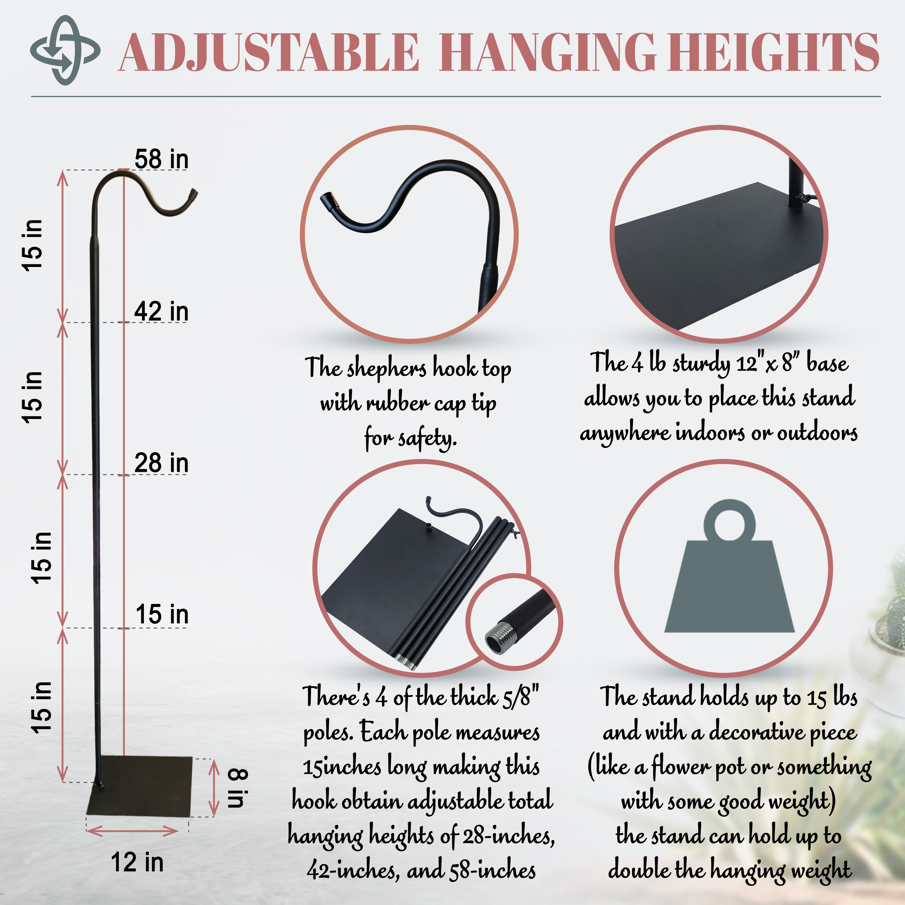 Heavy-duty 60-inch adjustable shepherd's hook floor stand for patio or garden from The Wind Chime Co, suitable for hanging decorations.