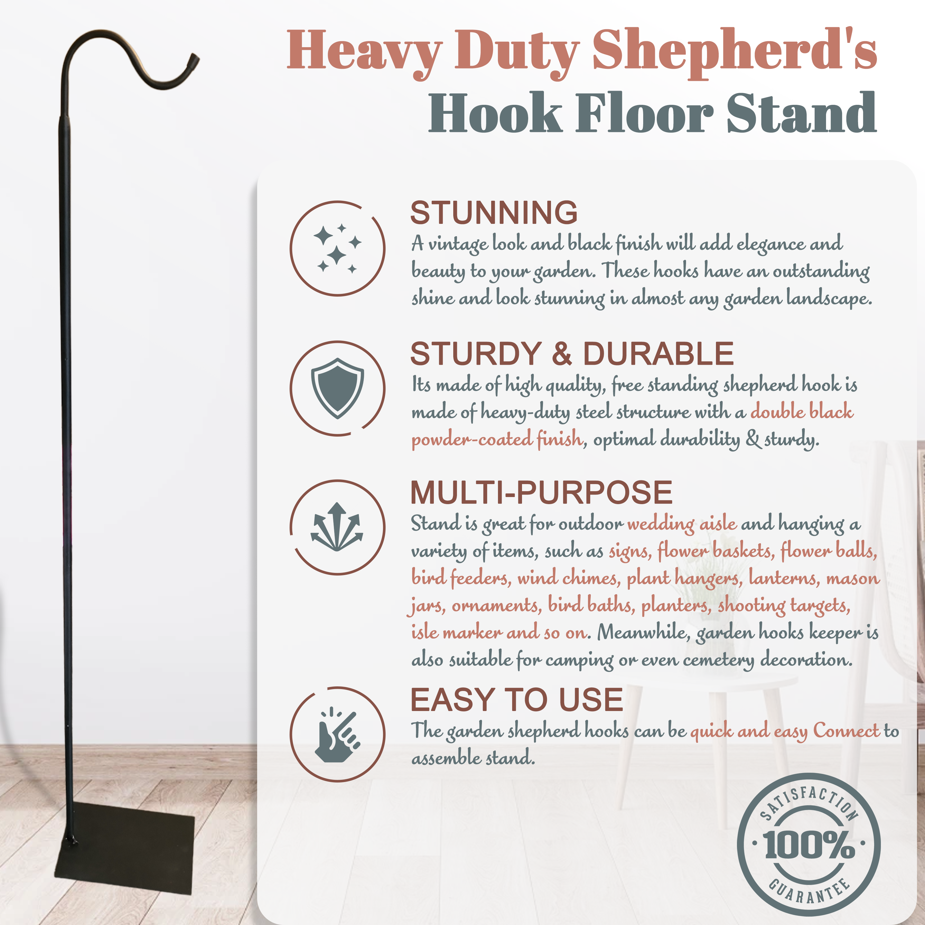 Heavy-duty 60-inch adjustable shepherd's hook floor stand for patio and garden from The Wind Chime Co, ideal for hanging decor or plants.