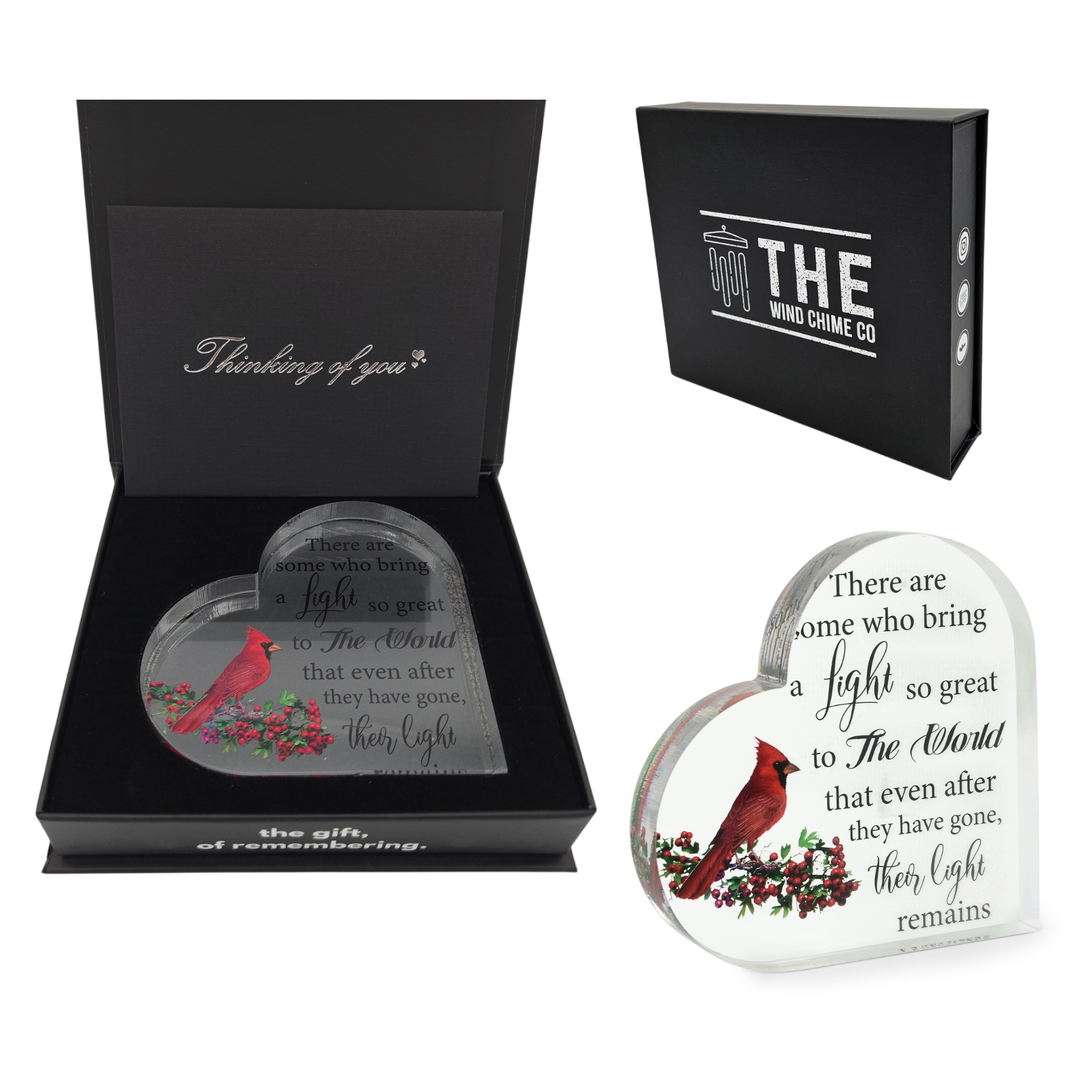 Acrylic memorial heart with a red cardinal bird design in a gift box, offered by The Wind Chime Co.