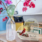 Acrylic cardinal bird memorial heart in a gift box, featuring a heartfelt remembrance keepsake from The Wind Chime Co.