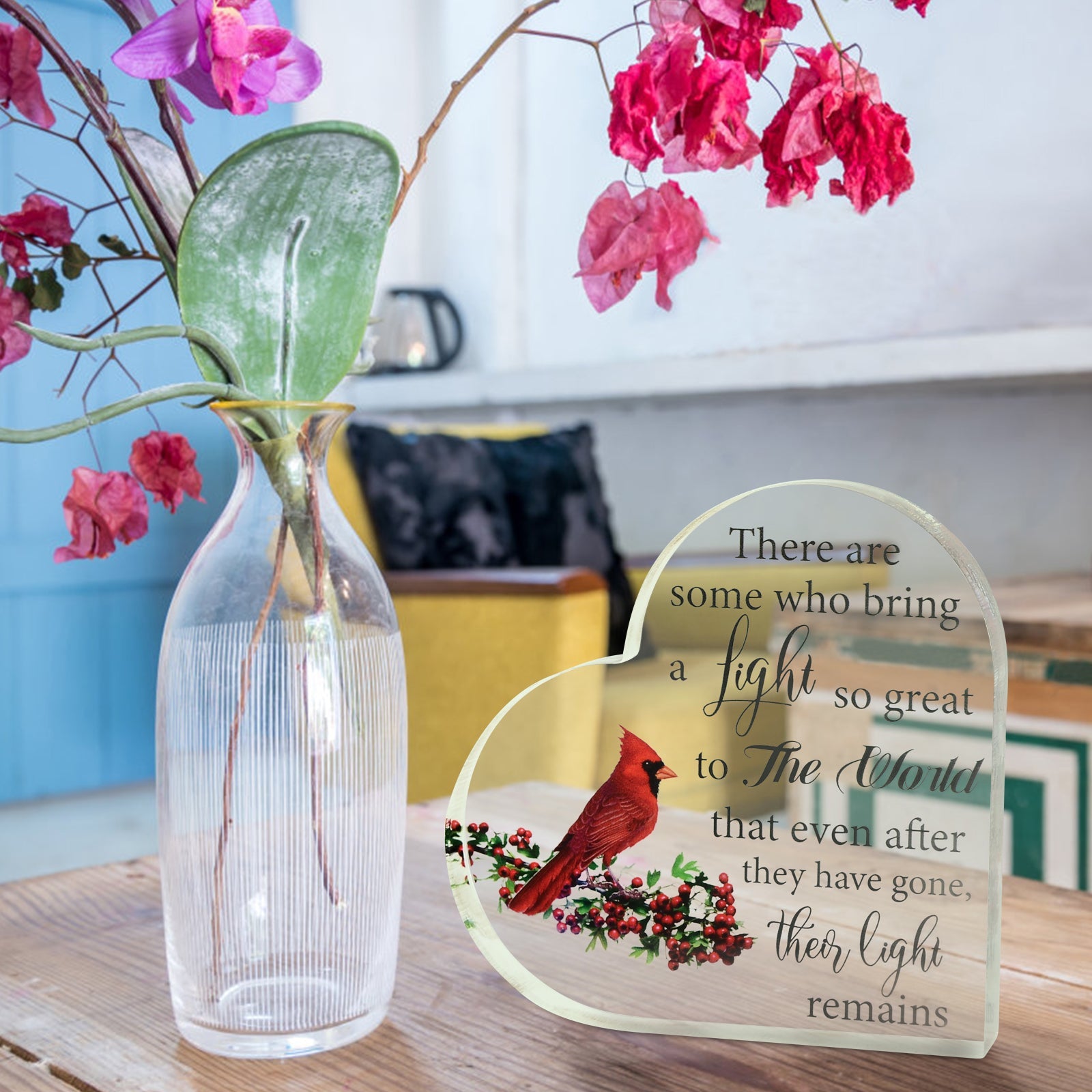 Acrylic cardinal bird memorial heart in a gift box, featuring a heartfelt remembrance keepsake from The Wind Chime Co.