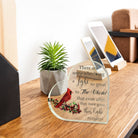 Acrylic cardinal bird memorial heart with gift box, featuring a decorative design from The Wind Chime Co.