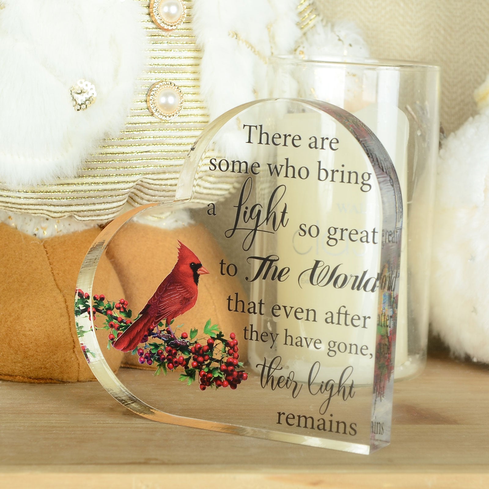 Acrylic cardinal bird memorial heart with gift box from The Wind Chime Co, featuring a heartfelt keepsake for remembrance.