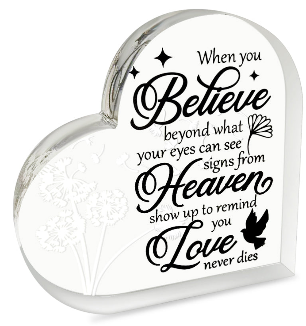 Acrylic memorial heart with dandelion design inside, presented in a gift box from The Wind Chime Co, symbolizing remembrance and hope.