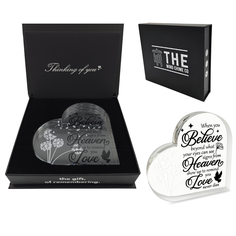 Acrylic memorial heart with dandelion design inside, presented in a gift box, from The Wind Chime Co.