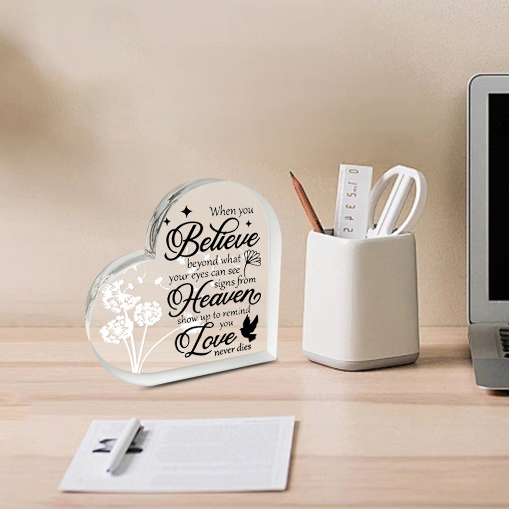 Acrylic memorial heart with dandelion design in a gift box, by The Wind Chime Co, featuring delicate dandelion motifs inside a clear box.