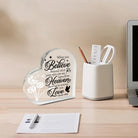 Acrylic memorial heart with dandelion design in a gift box, by The Wind Chime Co, featuring delicate dandelion motifs inside a clear box.
