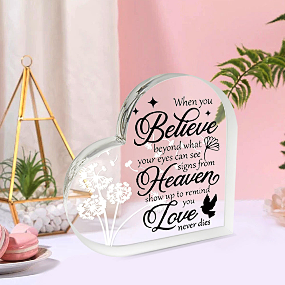 Acrylic dandelion memorial heart with gift box from The Wind Chime Co, showcasing a delicate dandelion design in a clear acrylic heart.