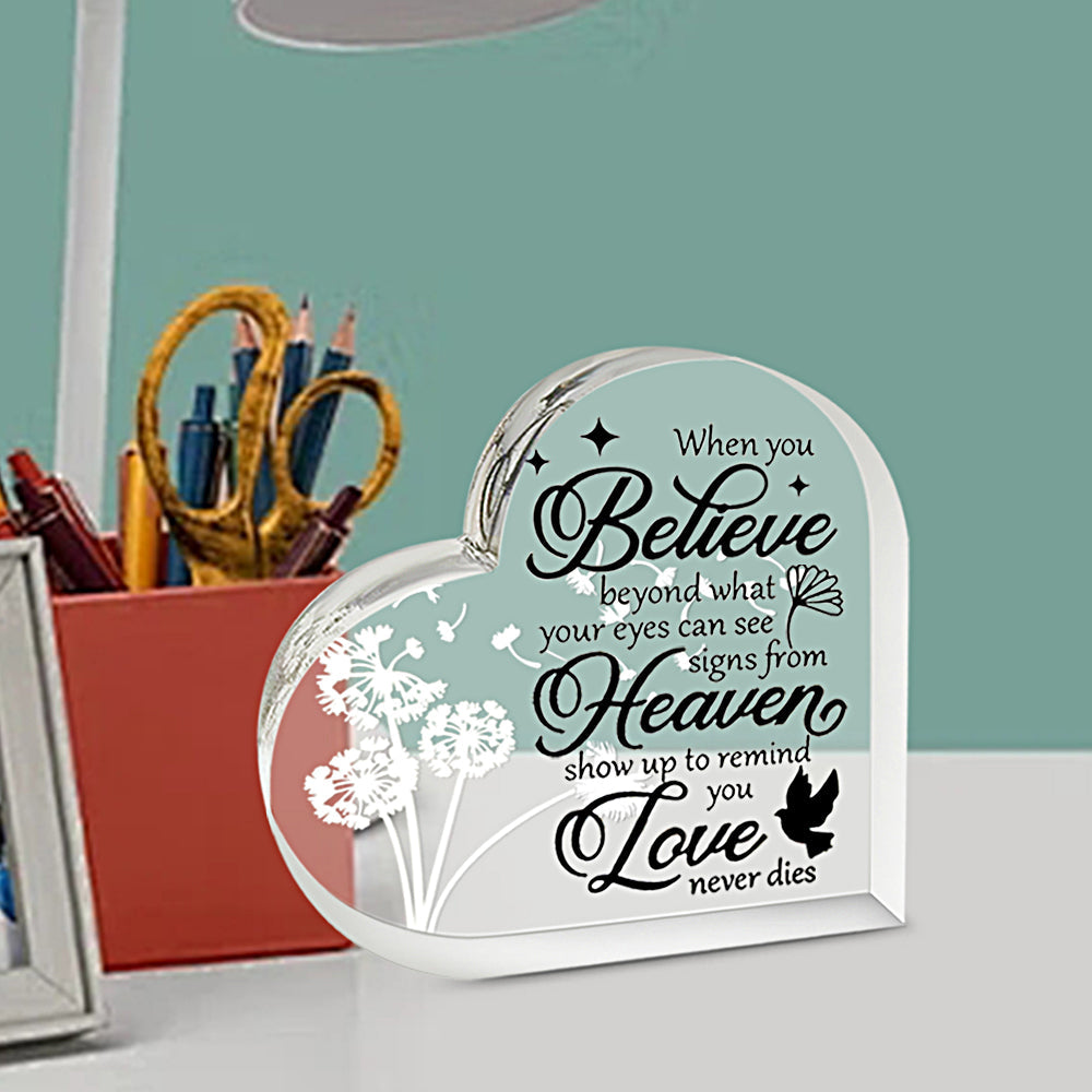 Acrylic dandelion in wind memorial heart with gift box from The Wind Chime Co, featuring delicate dandelion design inside a clear acrylic heart.