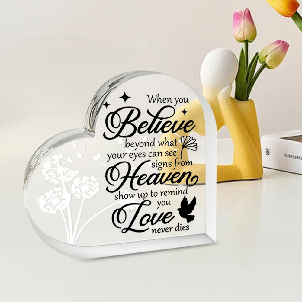 Acrylic dandelion in wind memorial heart with gift box from The Wind Chime Co, displayed in a gift box with delicate dandelion design.