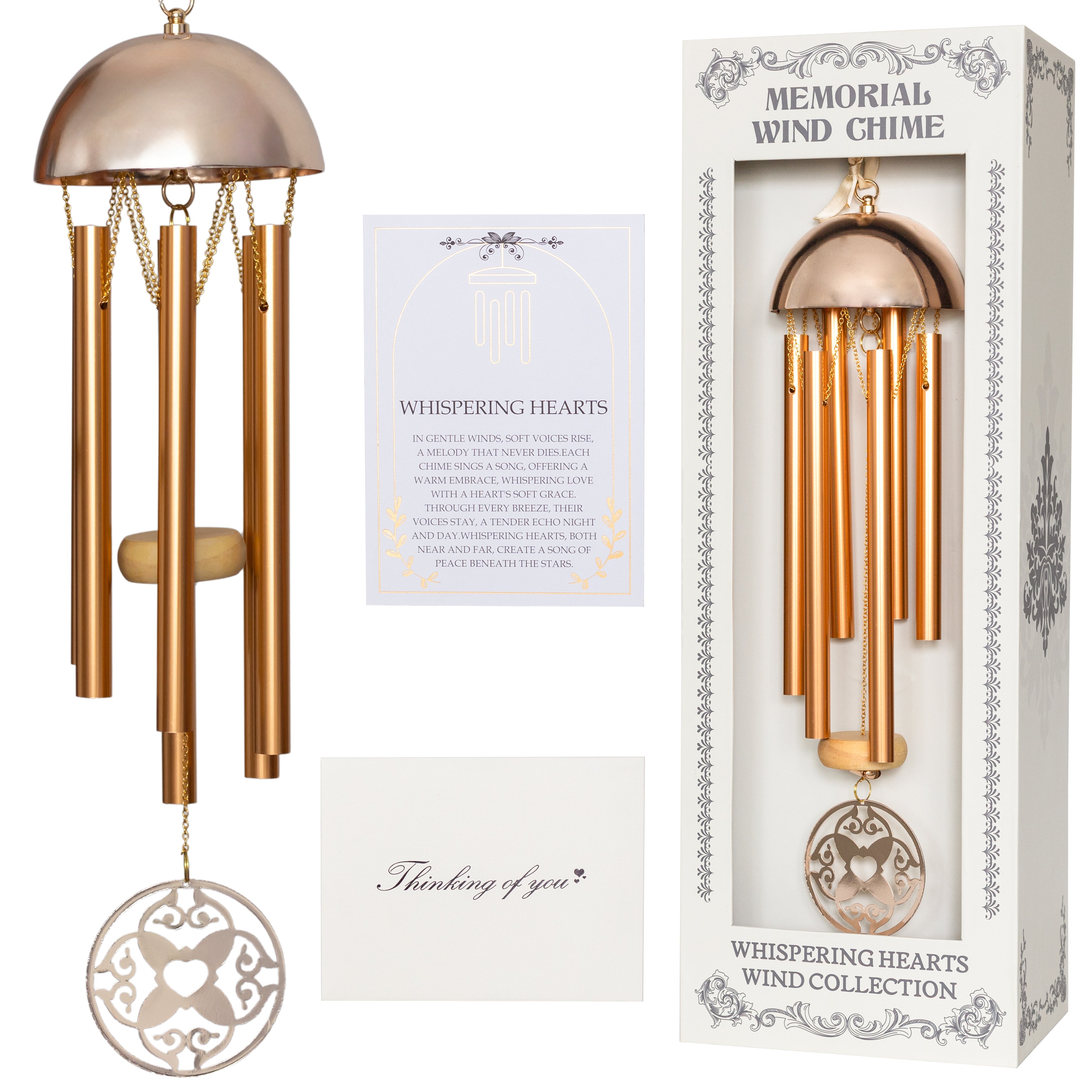 Warm gold Memorial Wind Chime from Whispering Hearts™ Collection by The Wind Chime Co, 15-inch decorative outdoor ornament.