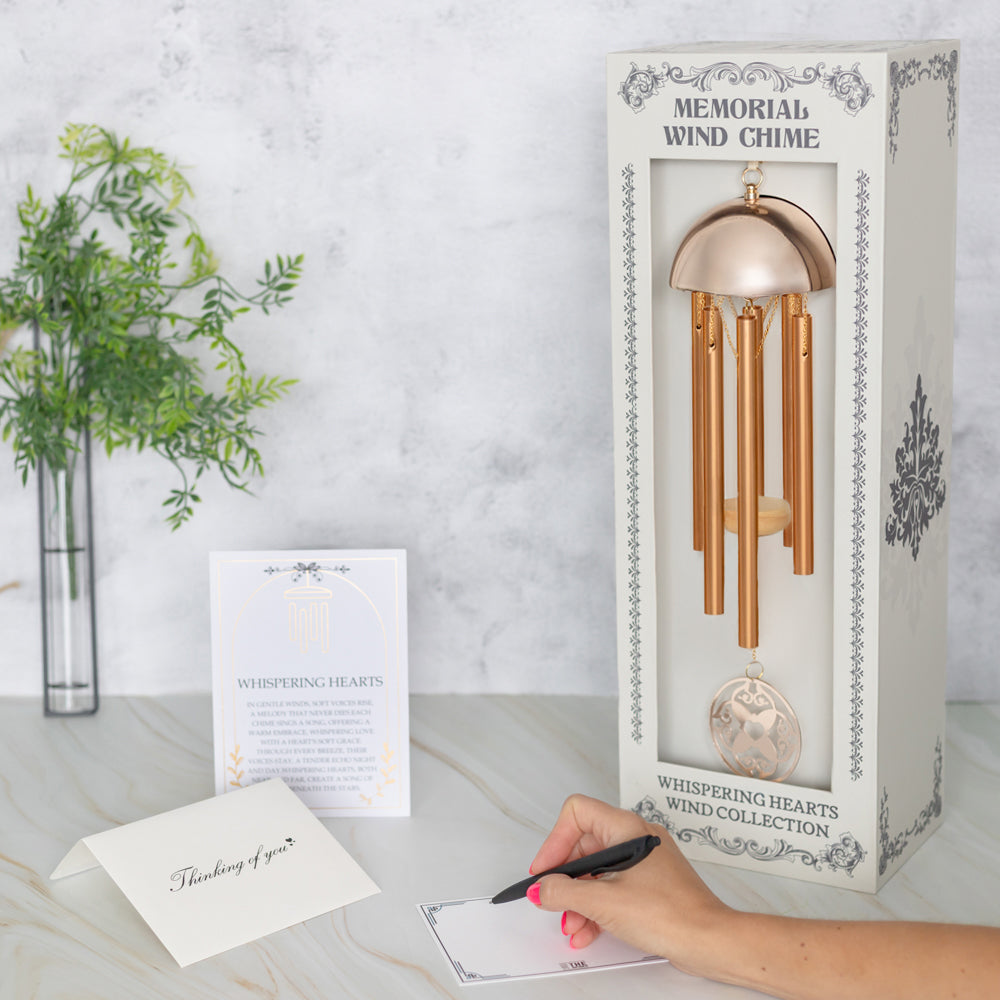 Warm gold Memorial Wind Chime from Whispering Hearts™ Collection by The Wind Chime Co, 15-inch decorative outdoor decor.