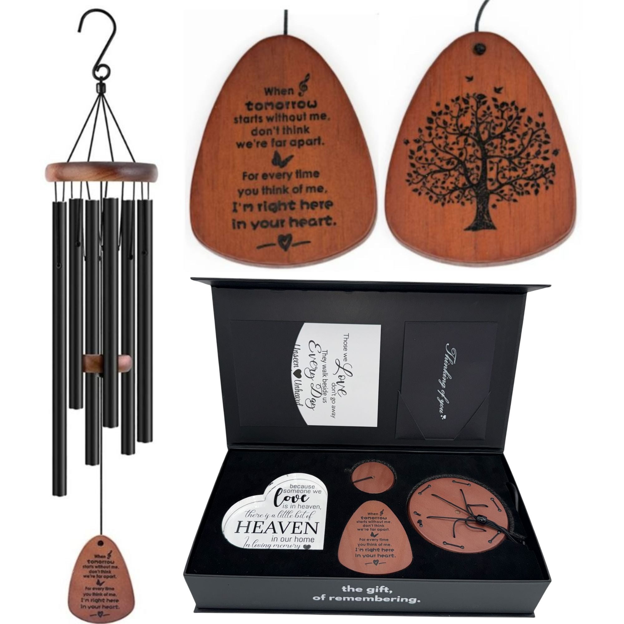 Serenity Memorial Wind Chimes gift bundle with heart ornament, 32 inches, from The Wind Chime Co, displayed outdoors in a garden setting.
