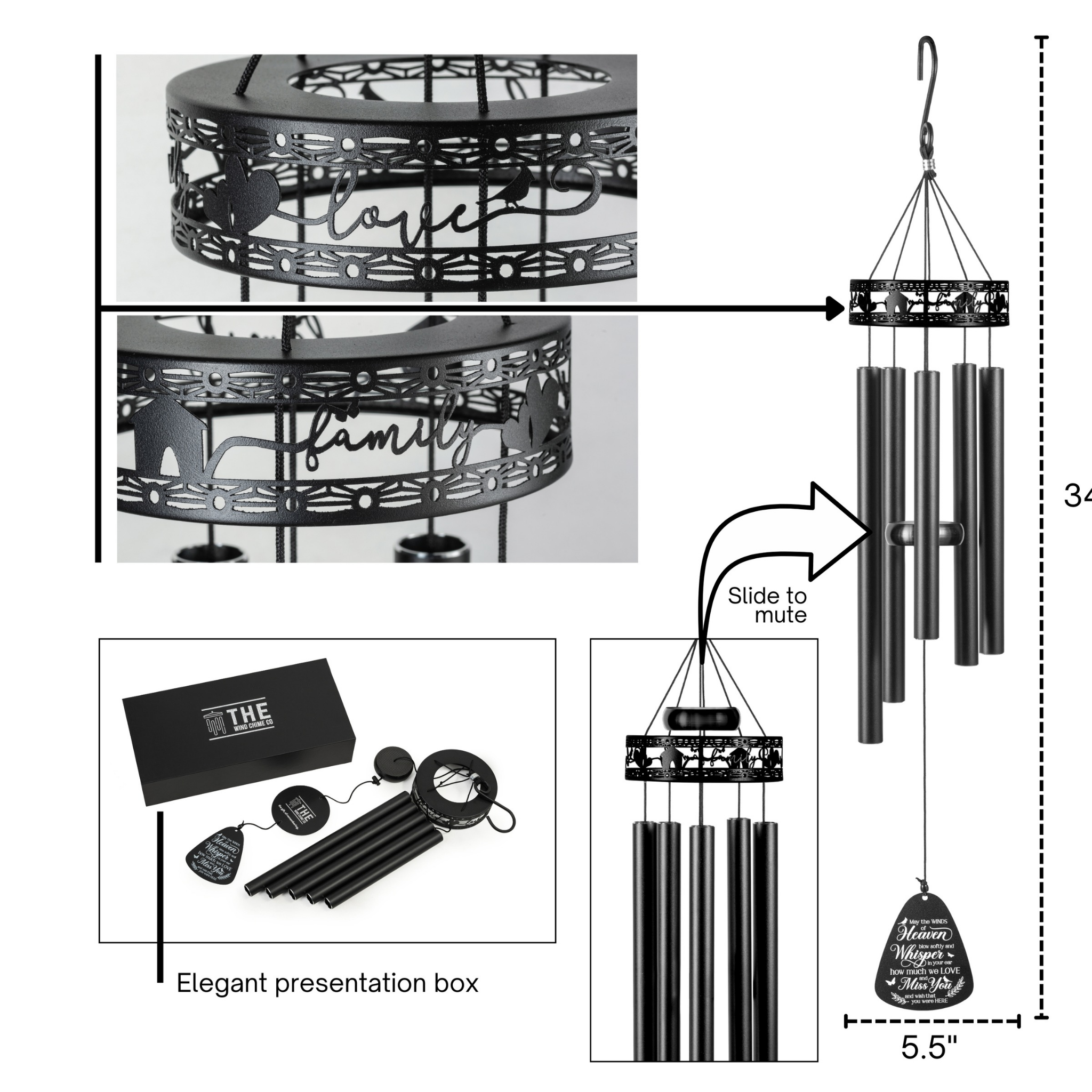 Serenity Family-Love Memorial Wind Chimes by The Wind Chime Co, 34-inch gift bundle with metal tubes and heartfelt design for remembrance