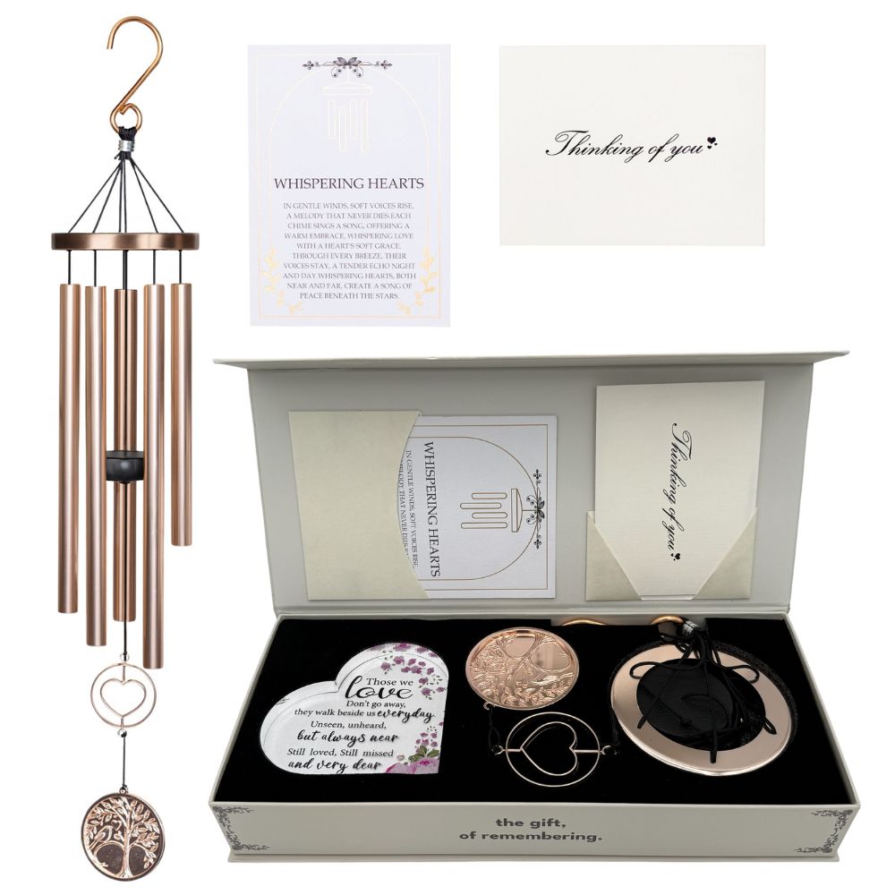 Platinum Rose Memorial Wind Chime from Whispering Hearts™ Collection by The Wind Chime Co, personalized, 30-inch outdoor gift bundle.