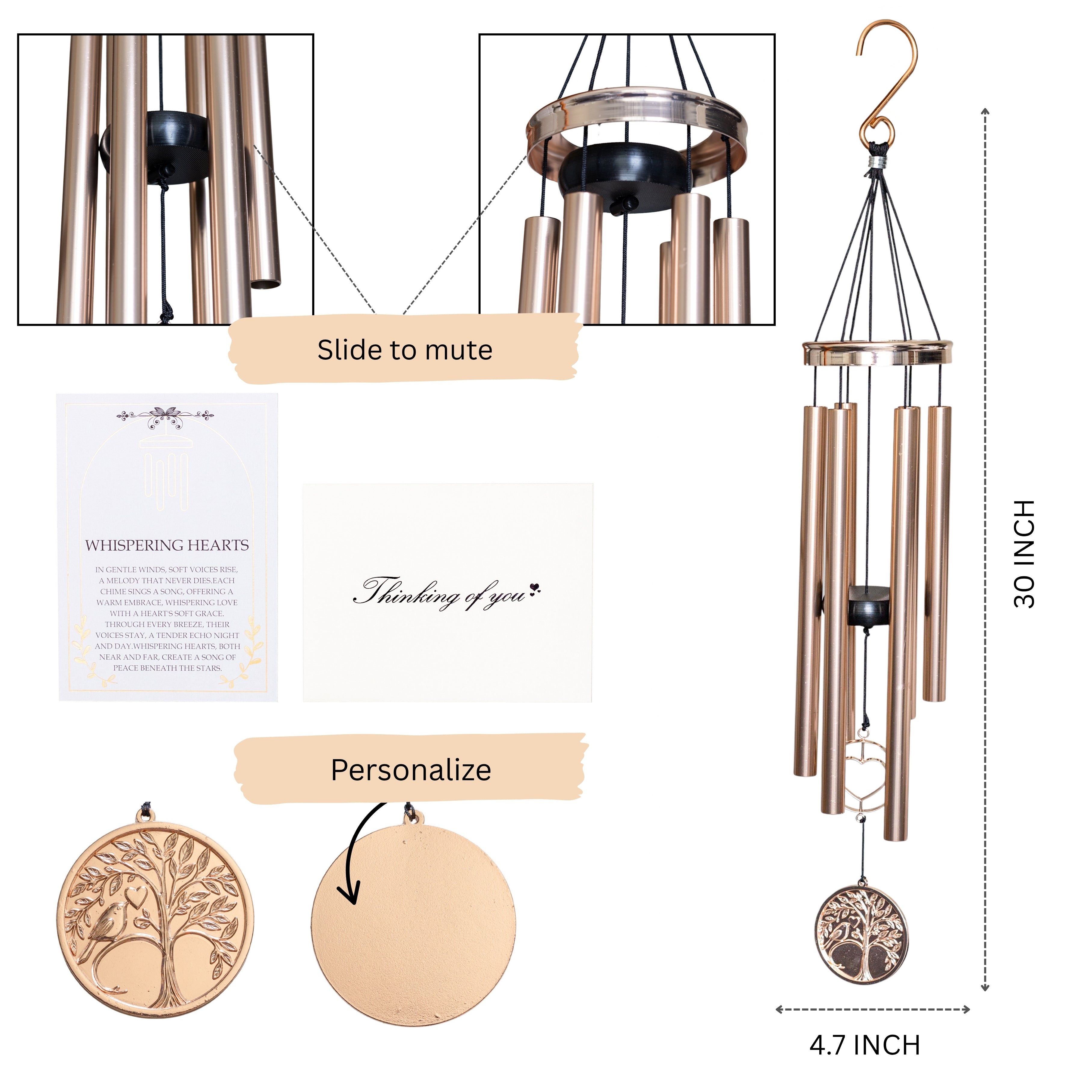 Memorial wind chime from Whispering Hearts™ Collection by The Wind Chime Co, platinum rose design, 30-inch personalized gift bundle.