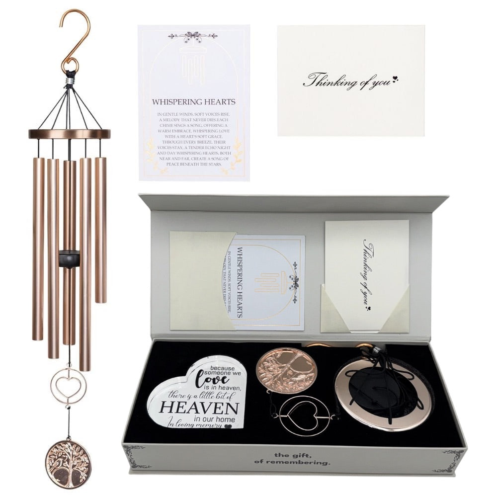 Memorial wind chime from Whispering Hearts™ Collection by The Wind Chime Co, platinum rose design, 30-inch personalized gift bundle
