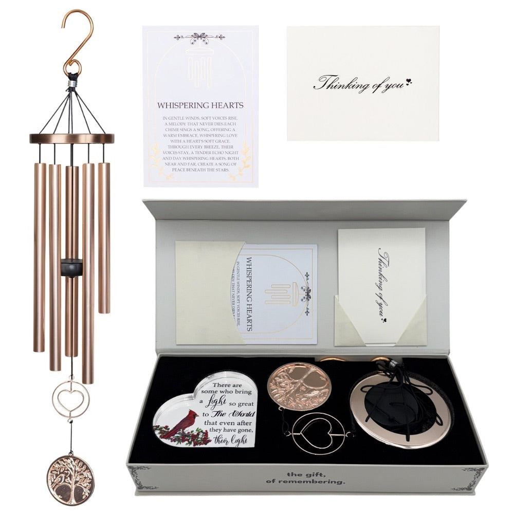 Memorial wind chime from Whispering Hearts collection featuring platinum rose design, personalized, 30-inch wind chime by The Wind Chime Co.
