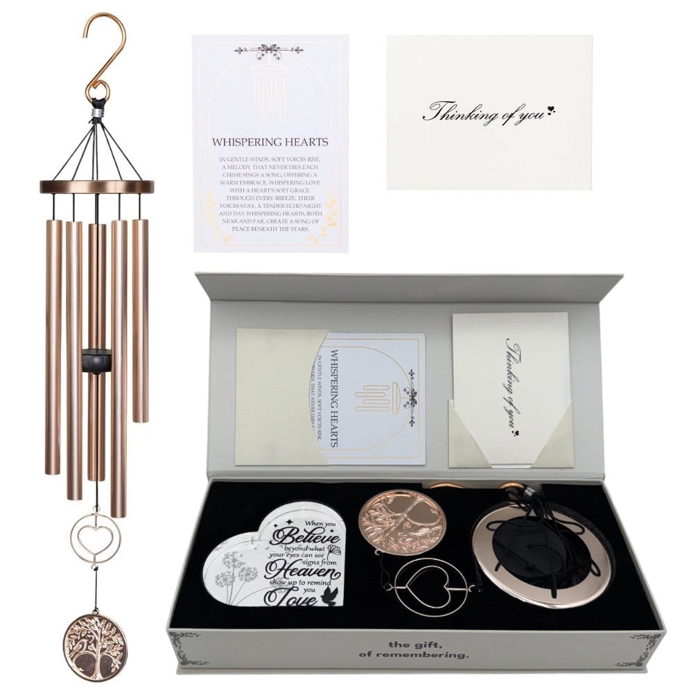 Memorial wind chime from Whispering Hearts™ collection featuring platinum rose design and personalized engraving, 30 inches tall.