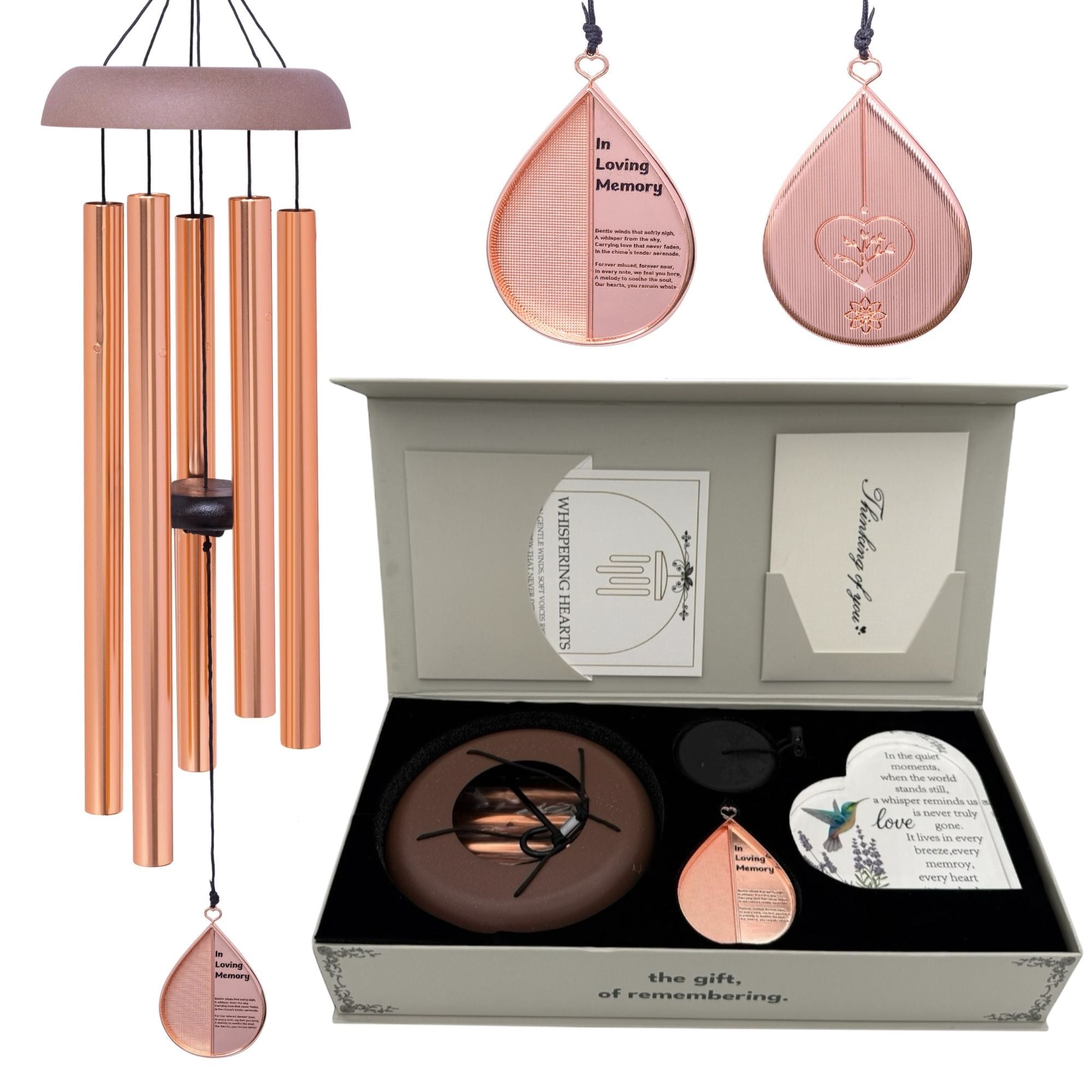Gift bundle of Memorial Wind Chimes from Whispering Hearts™ Collection with a rose gold finish and a memorial heart, 28 inches long.