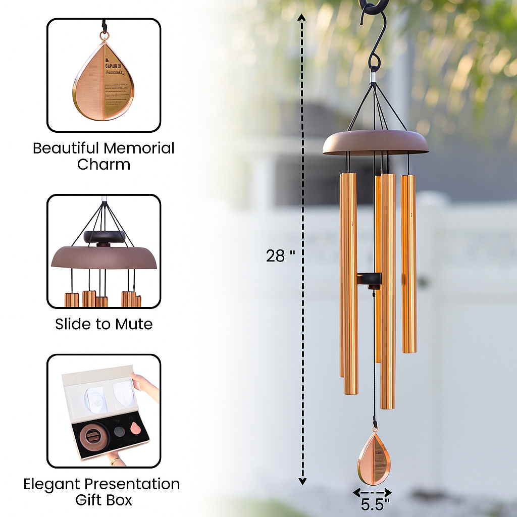 Memorial wind chimes from The Wind Chime Co's Whispering Hearts™ Collection in rose gold with a memorial heart, 28 inches long.