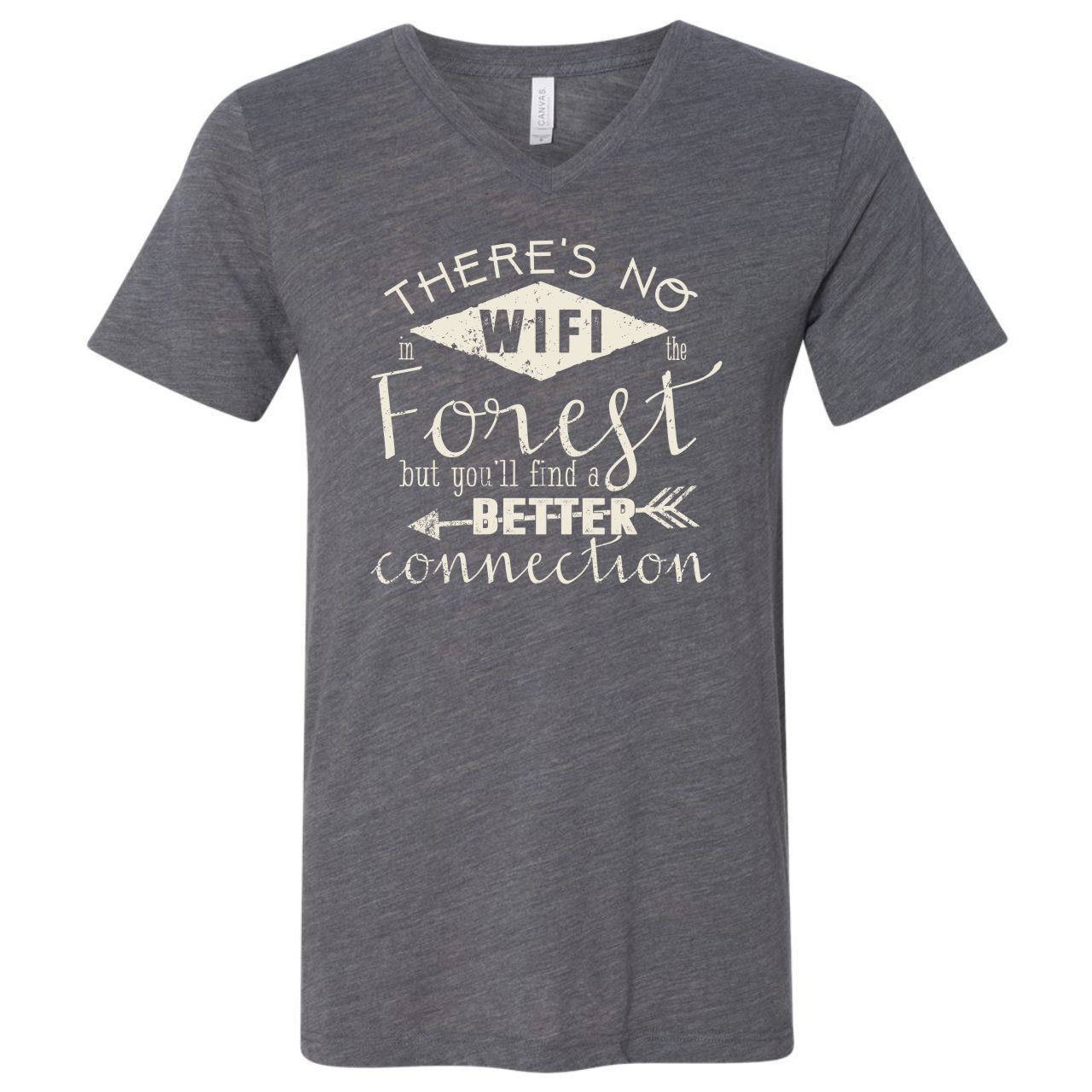 Unisex V-neck graphic tee with forest and nature-inspired design, featuring the phrase "There's No WIFI in the Forest."