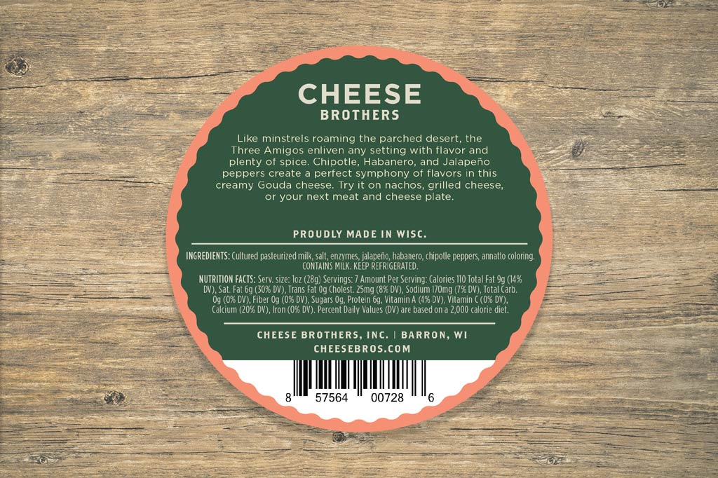 Three smoked 3 Amigos Spicy Gouda cheeses from Cheese Brothers, Inc., showing the rich, smoked, spicy Gouda cheese blocks.