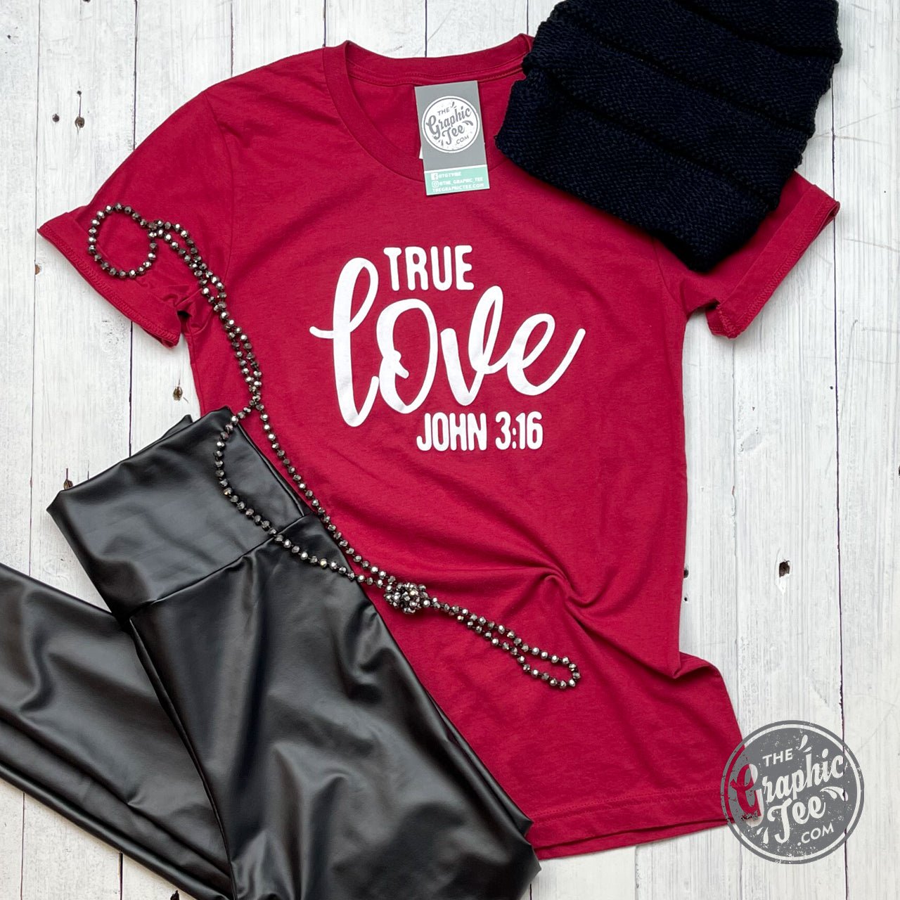 Unisex Cardinal True Love John 3:16 graphic T-shirt by The Graphic Tee, featuring Christian scripture and bold design.