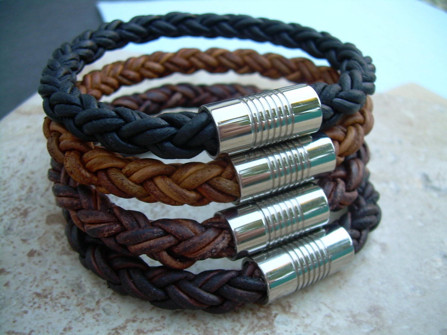 Natural light brown braided leather men's bracelet with stainless steel magnetic clasp, fits a 7-inch wrist, stylish gift for him.