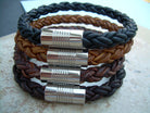 Natural light brown braided leather men's bracelet with stainless steel magnetic clasp, fits a 7-inch wrist, stylish gift for him.