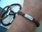 Natural light brown braided leather men's bracelet with stainless steel magnetic clasp, fits a 7-inch wrist, stylish gift for him.