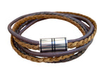 Men's brown leather double wrap bracelet with multi-strand design and stainless steel magnetic clasp from Urban Survival Gear USA.