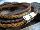 Men's leather bracelet with double wrap, multi-strand brown design and stainless steel magnetic clasp from Urban Survival Gear USA.