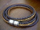 Men's brown leather double wrap bracelet with multi-strand design and stainless steel magnetic clasp from Urban Survival Gear USA.