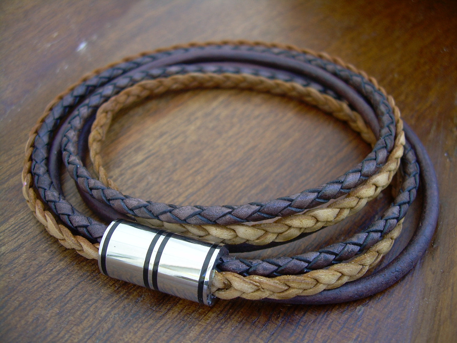 Men's brown leather double wrap bracelet with multi-strand design and stainless steel magnetic clasp from Urban Survival Gear USA.