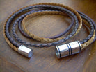 Men's brown leather double-wrap bracelet with multi-strand design and stainless steel magnetic clasp, stylish men's accessory.