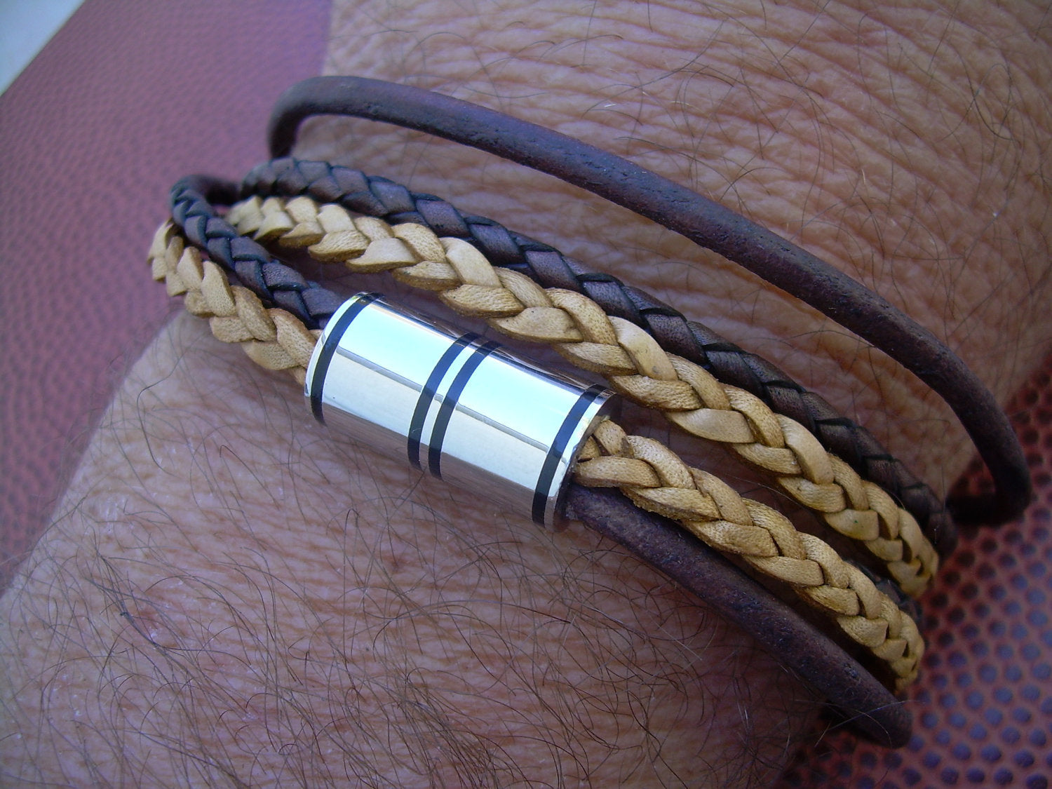 Men’s leather double wrap bracelet with multi-strand brown leather and stainless steel magnetic clasp, stylish accessory for men.