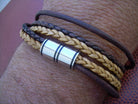 Men’s leather double wrap bracelet with multi-strand brown leather and stainless steel magnetic clasp, stylish accessory for men.