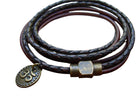 Dark brown leather bracelet with Om charm and antique brass magnetic clasp, triple wrap design, fits a 6-inch wrist.