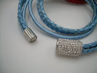 Women's rhinestone and leather wrap bracelet with stainless steel magnetic clasp, featuring metallic pearl accents and a 6-inch fit.