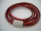 Women's rhinestone and leather wrap bracelet with stainless steel magnetic clasp, metallic pearl finish, fits a 6-inch wrist.