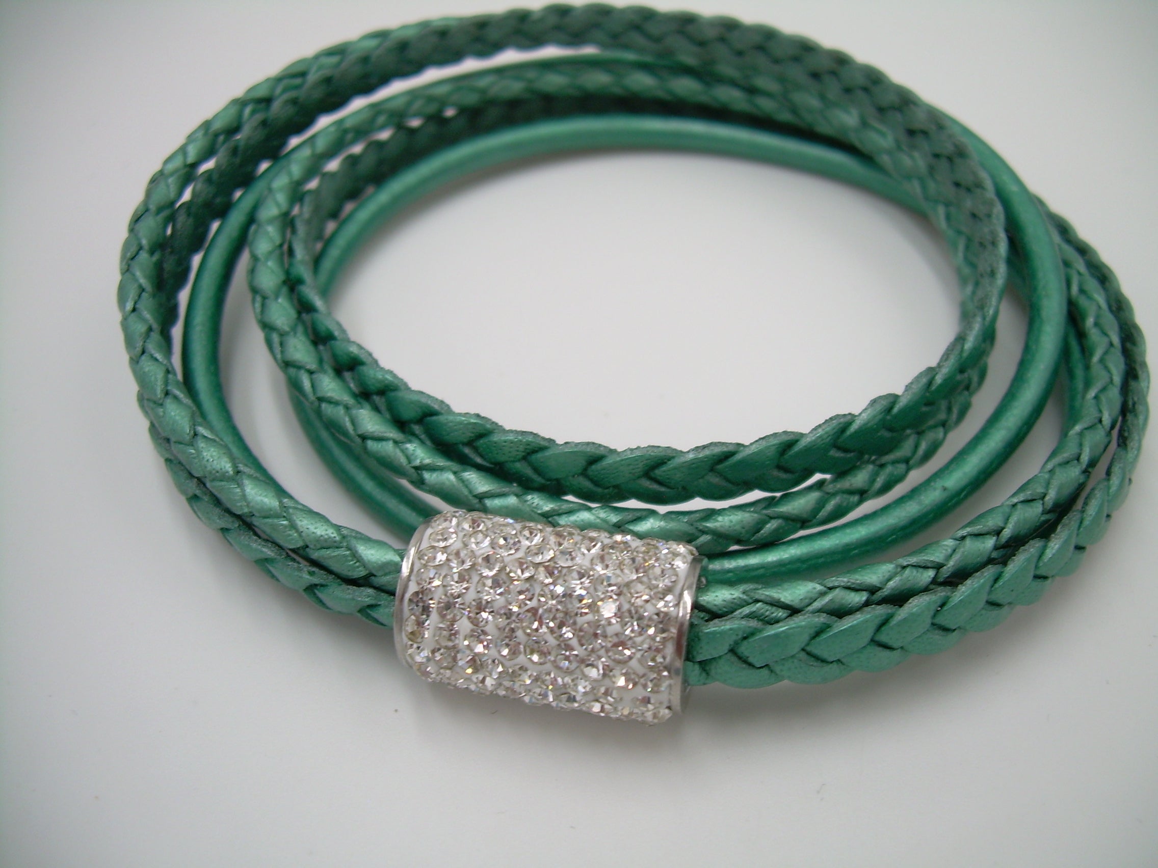 Women's rhinestone and leather wrap bracelet with stainless steel magnetic clasp, fits a 6-inch wrist, by Urban Survival Gear USA.