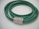 Women's rhinestone and leather wrap bracelet with stainless steel magnetic clasp, fits a 6-inch wrist, by Urban Survival Gear USA.