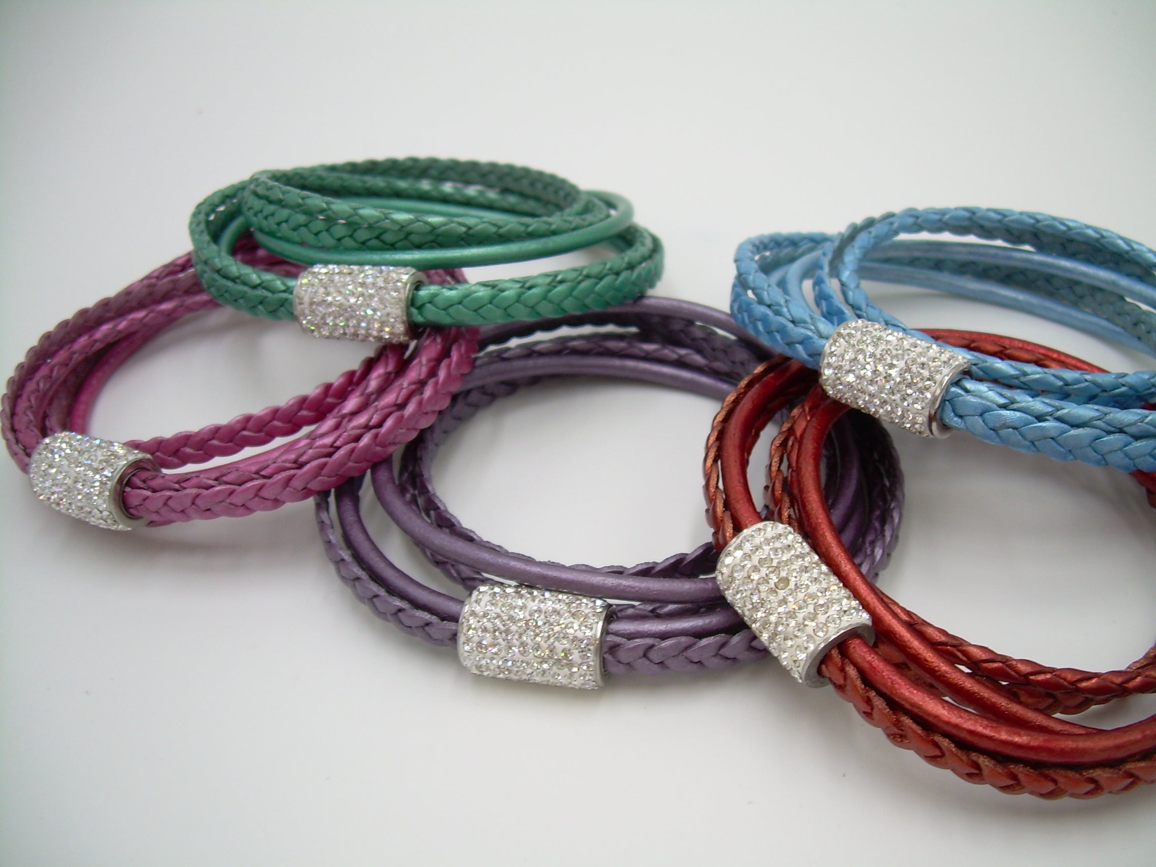 Women's rhinestone and leather wrap bracelet with stainless steel magnetic clasp, featuring metallic pearl accents and a 6-inch fit.