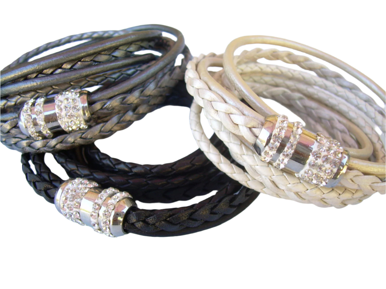 Women's triple wrap leather bracelet with stainless steel magnetic rhinestone clasp, metallic pearl finish, fits 6-inch wrist.