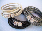 Women's triple wrap leather bracelet with stainless steel magnetic rhinestone clasp, metallic pearl finish, fits a 6-inch wrist.